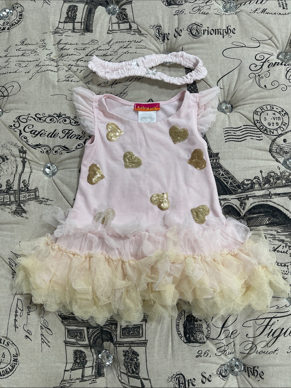 🇨🇦 Kate Mack Baby Dress Gold Hearts and Matching Headband (12M)